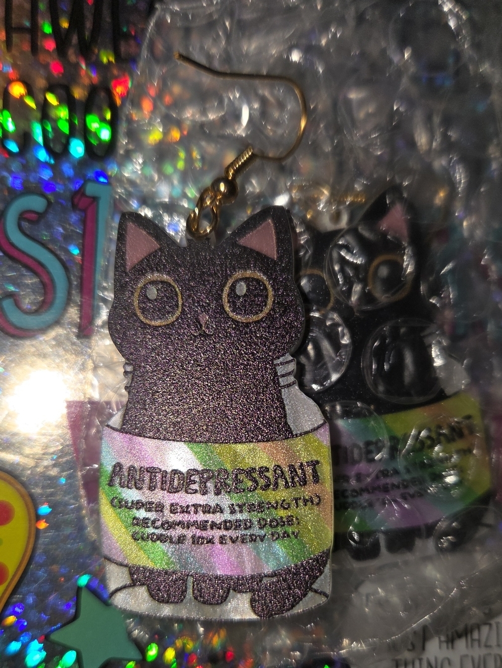 Black Cat Novelty Earrings with Rainbow Label - Pets Cat Accessory